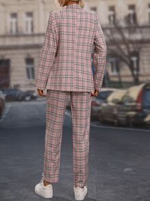 SHEIN Clasi Plaid Print Double Breasted Blazer & Trousers - Dusty Pink - View 2