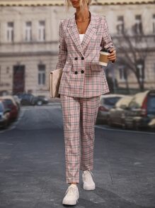 SHEIN Clasi Plaid Print Double Breasted Blazer & Trousers - Dusty Pink - View 3