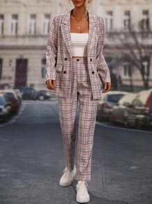 SHEIN Clasi Plaid Print Double Breasted Blazer & Trousers - Dusty Pink - View 4