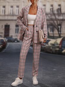 SHEIN Clasi Plaid Print Double Breasted Blazer & Trousers - Dusty Pink - View 5
