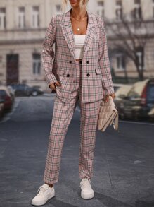 SHEIN Clasi Plaid Print Double Breasted Blazer & Trousers - Dusty Pink - View 6