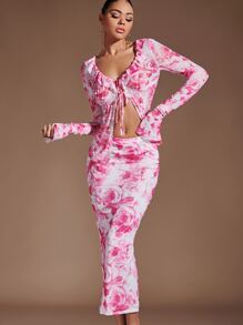 SHEIN BAE 印花荷葉袖前打結短款上衣和半身裙 - 彩色 - 查看 3