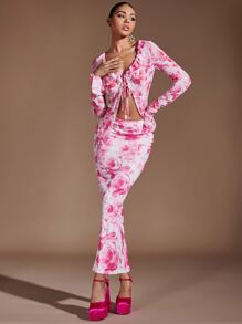 SHEIN BAE 印花荷葉袖前打結短款上衣和半身裙 - 彩色 - 查看 6