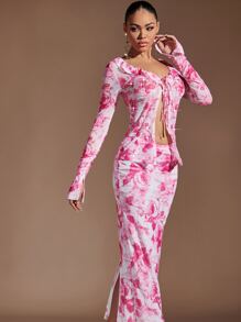 SHEIN BAE 印花荷葉袖前打結短款上衣和半身裙 - 彩色 - 查看 7