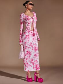 SHEIN BAE 印花荷葉袖前打結短款上衣和半身裙 - 彩色 - 查看 8