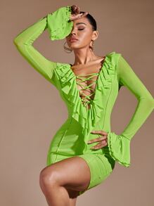 SHEIN BAE 1pc Lace Up Front Ruffle Trim Flounce Sleeve Bodycon Dress - Lime Green - View 5