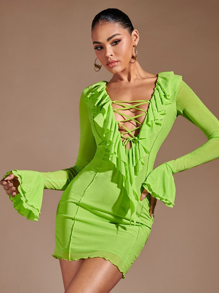 SHEIN BAE 1pc Lace Up Front Ruffle Trim Flounce Sleeve Bodycon Dress - Lime Green - View 1