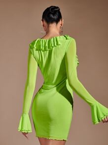 SHEIN BAE 1pc Lace Up Front Ruffle Trim Flounce Sleeve Bodycon Dress - Lime Green - View 2