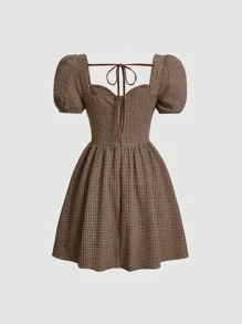 SHEIN MOD Plaid Print Puff Sleeve Tie Back Dress - Multicolor - View 2