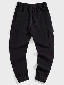 ROMWE MEN Guys Flap Pocket Side Cargo Jeans - Black - View 2