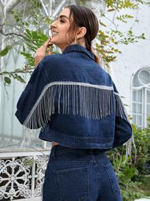 VERO DIAZ Rhinestone Fringe Trim Crop Denim Jacket - Dark Wash - View 1