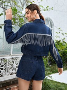 VERO DIAZ Rhinestone Fringe Trim Crop Denim Jacket - Dark Wash - View 2