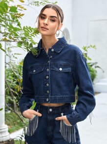 VERO DIAZ Rhinestone Fringe Trim Crop Denim Jacket - Dark Wash - View 6