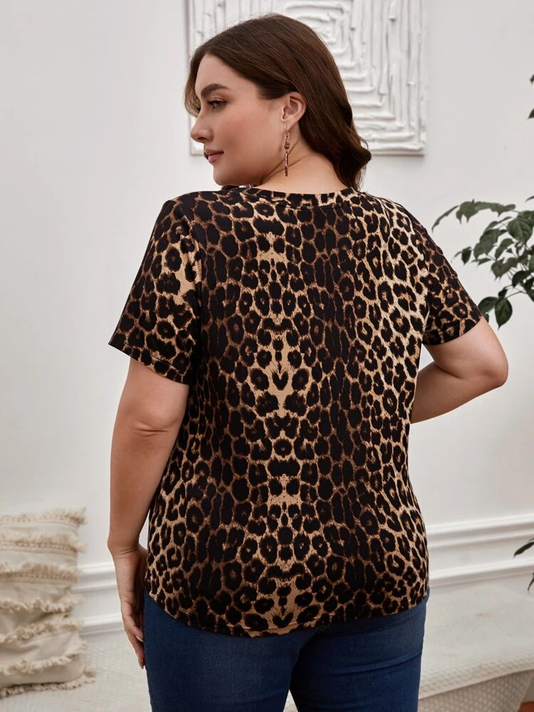 Plus Leopard Print V Neck Tee