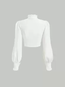 SHEIN MOD Frill Trim Lantern Sleeve Crop Shirt - White - View 2