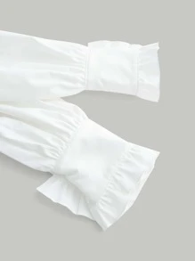 SHEIN MOD Frill Trim Lantern Sleeve Crop Shirt - White - View 3