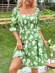 SHEIN VCAY Floral Print Square Neck Shirred Ruffle Hem Dress - Green - View 3