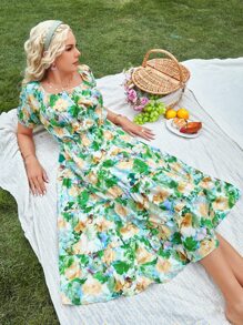 SHEIN VCAY Allover Floral Print Square Neck Puff Sleeve Dress - Green - View 1