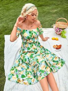 SHEIN VCAY Allover Floral Print Square Neck Puff Sleeve Dress - Green - View 4