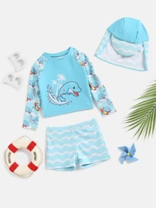 男嬰卡通圖案泳裝帶泳帽 - 淺藍色 - 查看 1