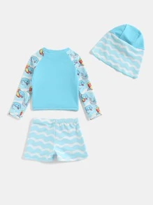 男嬰卡通圖案泳裝帶泳帽 - 淺藍色 - 查看 2