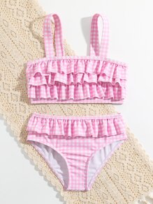 Young Girl Gingham Ruffle Trim Bikini Set Summer Beach - Pink - View 5