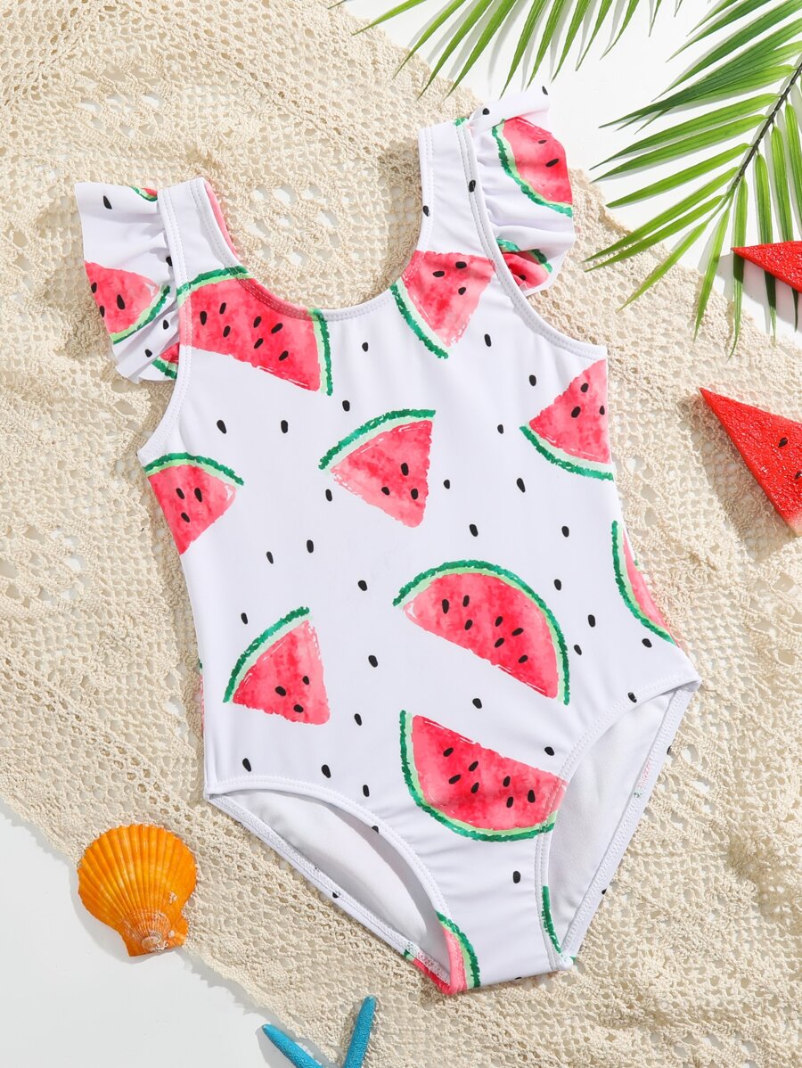 Toddler Girls Watermelon Print Ruffle Trim One Piece Swimsuit - White - View 1