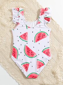 Toddler Girls Watermelon Print Ruffle Trim One Piece Swimsuit - White - View 2