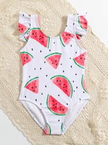 Toddler Girls Watermelon Print Ruffle Trim One Piece Swimsuit - White - View 3