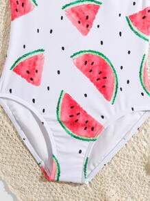 Toddler Girls Watermelon Print Ruffle Trim One Piece Swimsuit - White - View 4