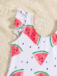 Toddler Girls Watermelon Print Ruffle Trim One Piece Swimsuit - White - View 5