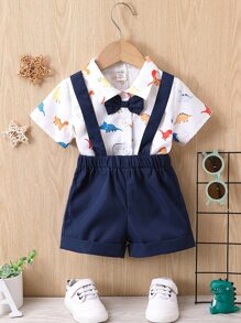 Đứa bé trai In Khủng long Nơ mặt trước Áo sơ mi & Tạp dề Quần short - Xanh và trắng - Xem 1