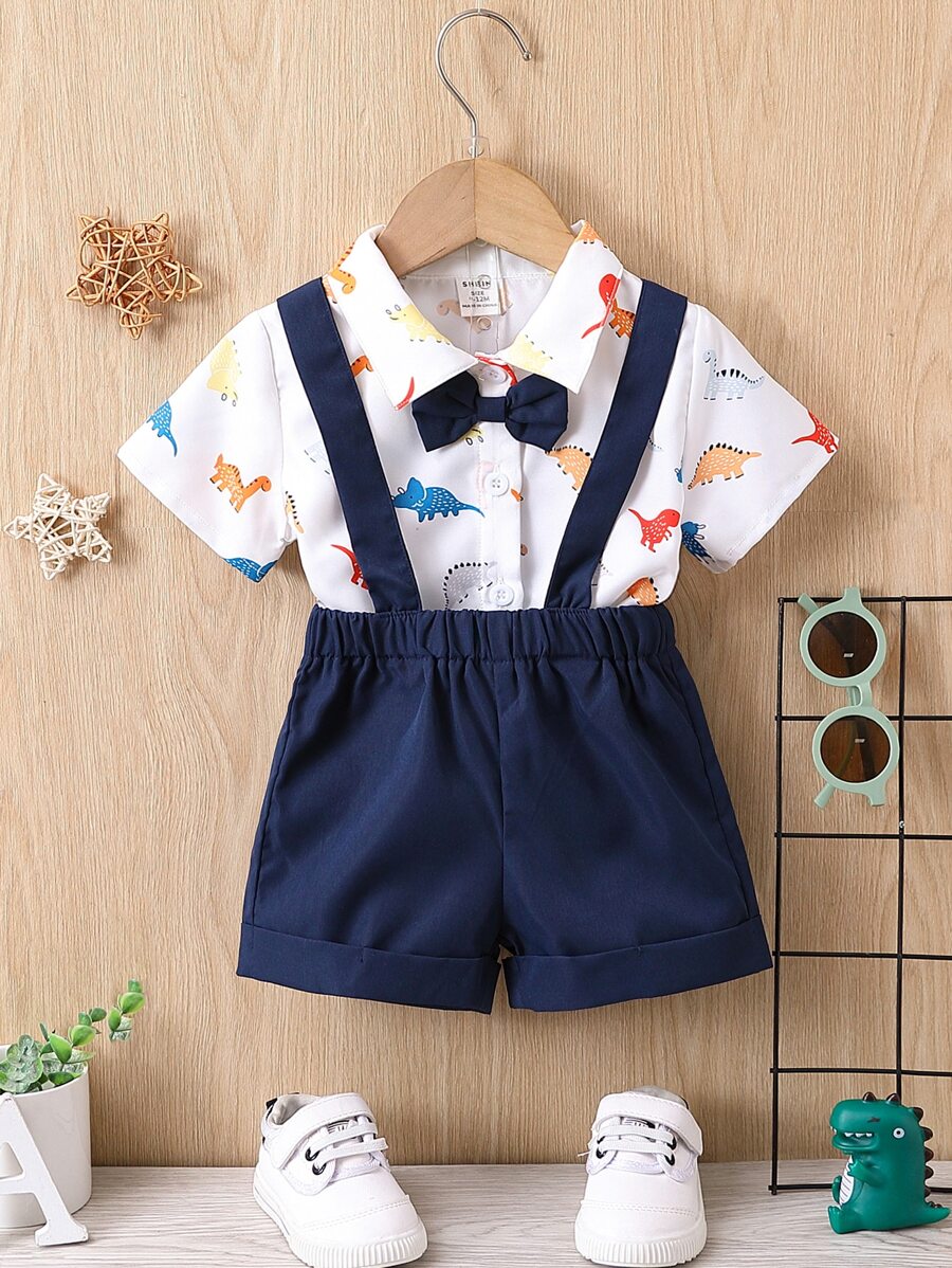 Đứa bé trai In Khủng long Nơ mặt trước Áo sơ mi & Tạp dề Quần short - Xanh và trắng - Xem 1
