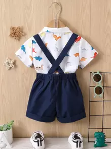 Đứa bé trai In Khủng long Nơ mặt trước Áo sơ mi & Tạp dề Quần short - Xanh và trắng - Xem 2