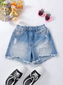 Girls Ripped Raw Hem Denim Shorts - Light Wash - View 1