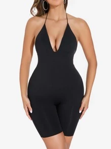 素色繞頸露背連體緊身衣 - 黑色 - 查看 3