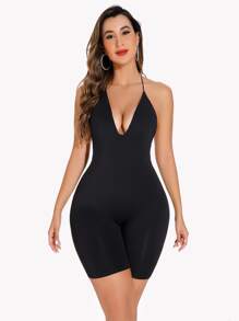 素色繞頸露背連體緊身衣 - 黑色 - 查看 2