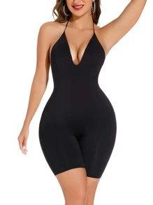 素色繞頸露背連體緊身衣 - 黑色 - 查看 1