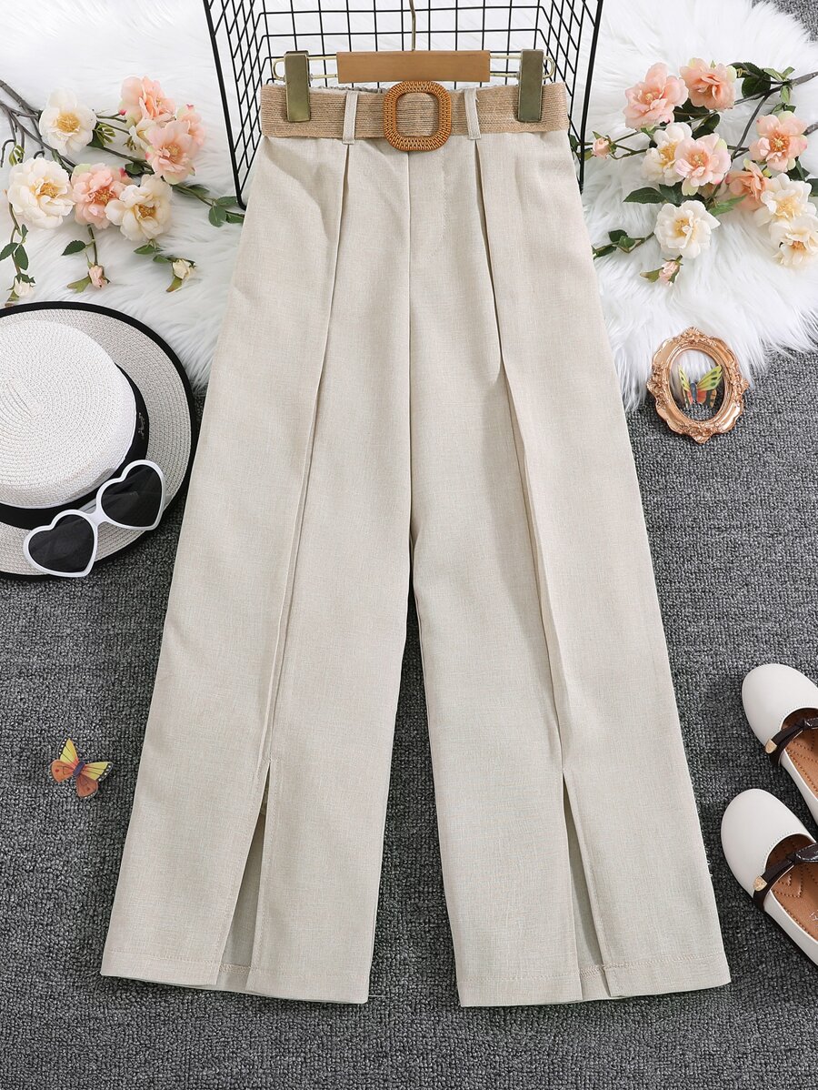 Girls Split Hem Belted Trousers - Beige - View 1