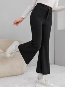 SHEIN Teen Girls Solid Flare Leg Trousers - Black - View 4