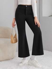SHEIN Teen Girls Solid Flare Leg Trousers - Black - View 5