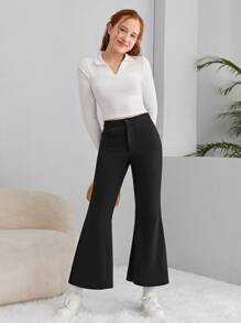 SHEIN Teen Girls Solid Flare Leg Trousers - Black - View 6