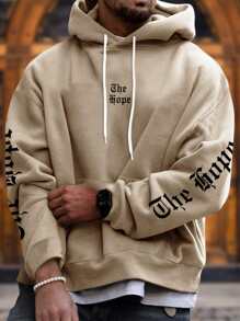 Manfinity LEGND Men's Loose Fit Letter Print Hoodie With Pocket And Drawstring Letter Long Sleeve Khaki Hoodie, For Friends, Husband, Boyfriend Gifts, Men Hoodies, Men Streetwear Hoodies, Men Baggy Hoodies, Men Graphic Hoodies