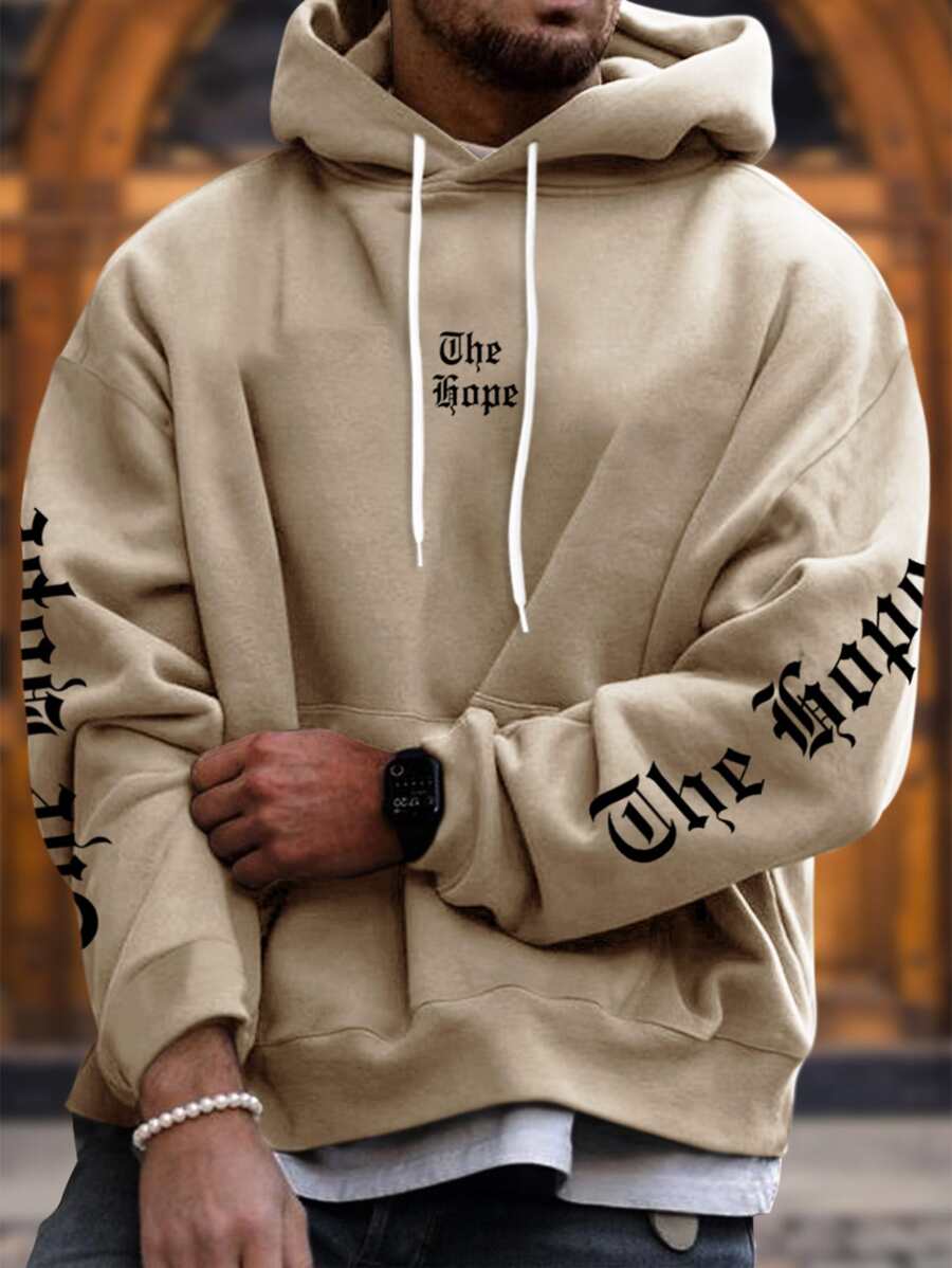 Manfinity LEGND Men's Loose Fit Letter Print Hoodie With Pocket And Drawstring Letter Long Sleeve Khaki Hoodie, For Friends, Husband, Boyfriend Gifts, Men Hoodies, Men Streetwear Hoodies, Men Baggy Hoodies, Men Graphic Hoodies