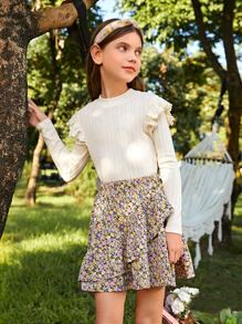 SHEIN Girls Ruffle Trim Tee & Ditsy Floral Print Skirt - Multicolor - View 1