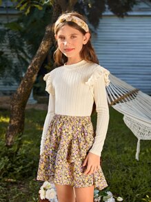 SHEIN Girls Ruffle Trim Tee & Ditsy Floral Print Skirt - Multicolor - View 5