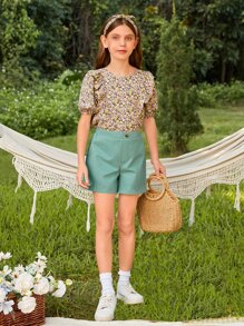 SHEIN Girls Elastic Waist Solid Shorts - Mist Green - View 5