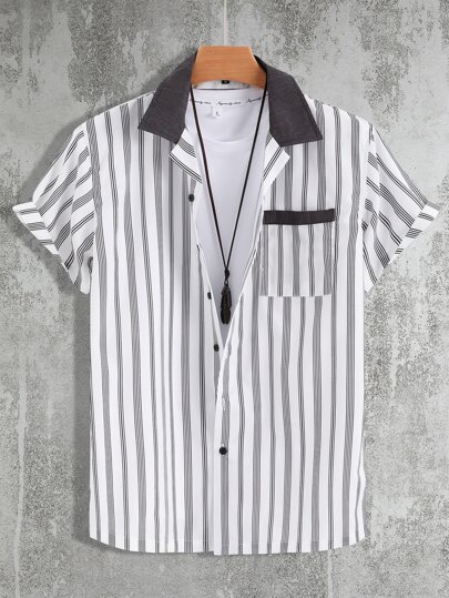 Hombres Camisa con estampado de rayas con parche de bolsillo sin camiseta