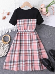 SHEIN Kariertes College-Stil Kleid mit Kurzarm und Rundhalsausschnitt für Tween Mädchen