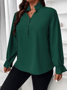 SHEIN Clasi Blusa de manga con volante con botón - Verde Oscuro - Ver 4